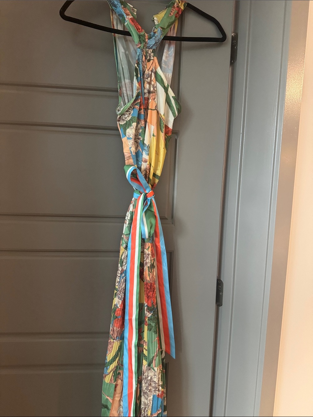 Current Air Multicolor Floral Halter Maxi Dress with Striped Sash